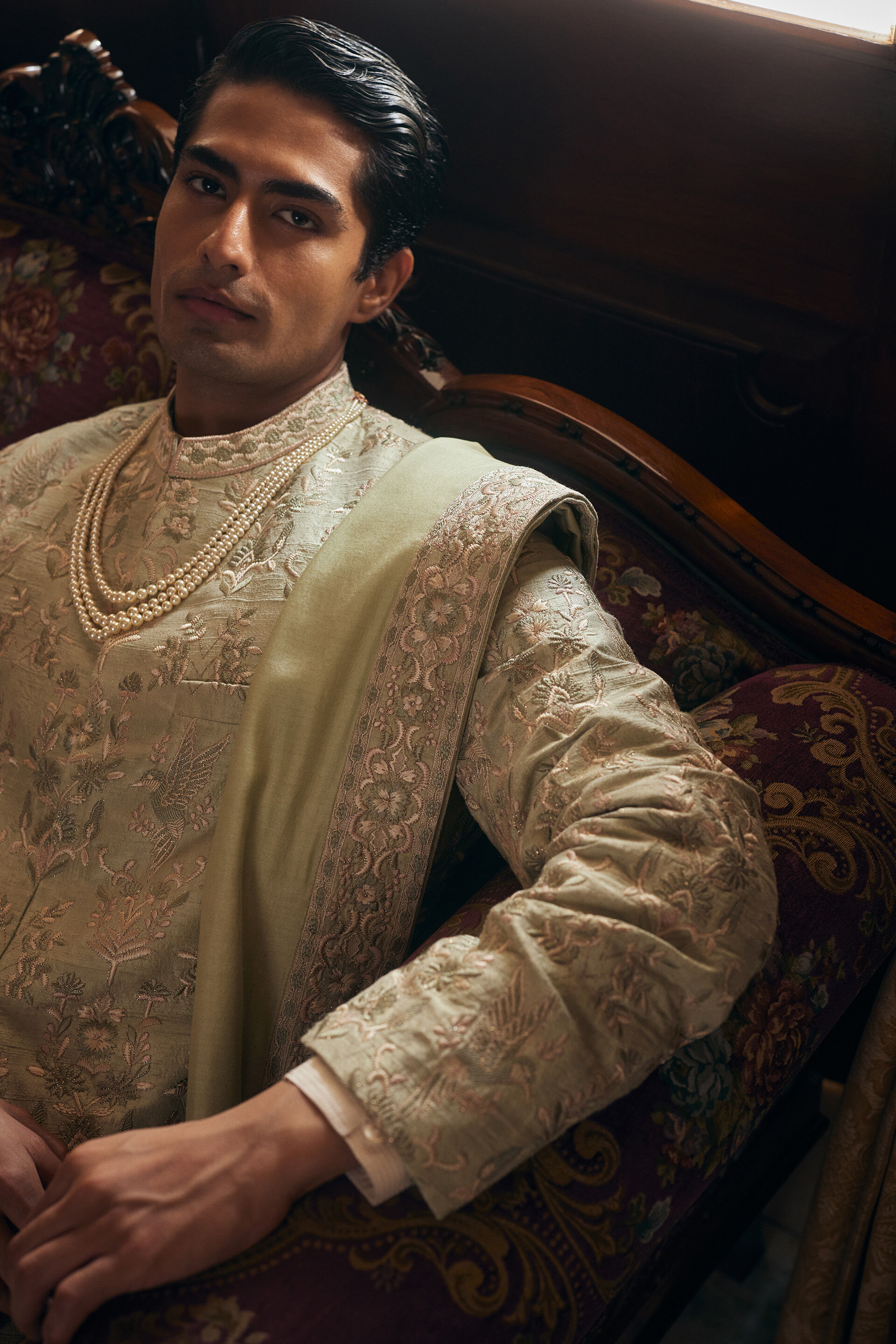 Kshiraj Embroidered Silk Sherwani - Sage, Sage, image 4